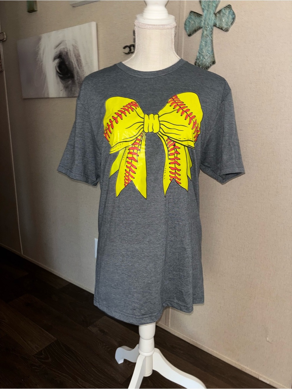 Gray T-Shirt with Yellow Softball Bow Graphic
